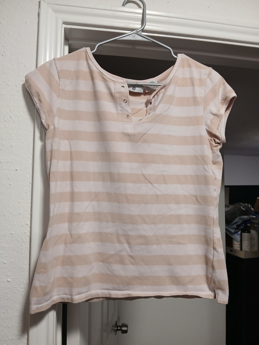 Kathy ireland Striped Short-Sleeve Henley Top in Tan and White